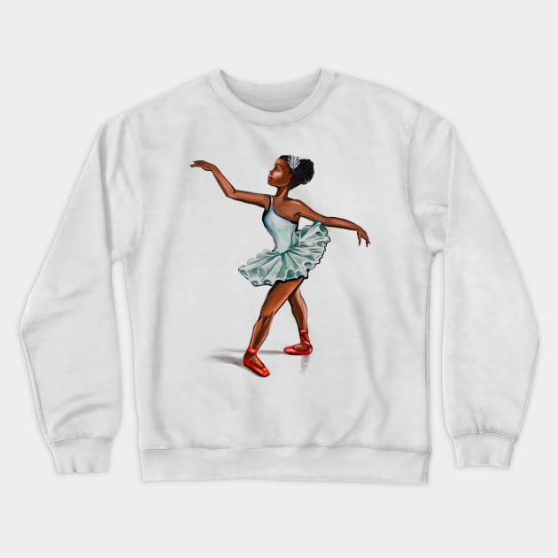 Ballerina in blue green dress and in red shoes - ballerina doing pirouette in red tutu and red shoes  - brown skin ballerina Crewneck Sweatshirt by Artonmytee